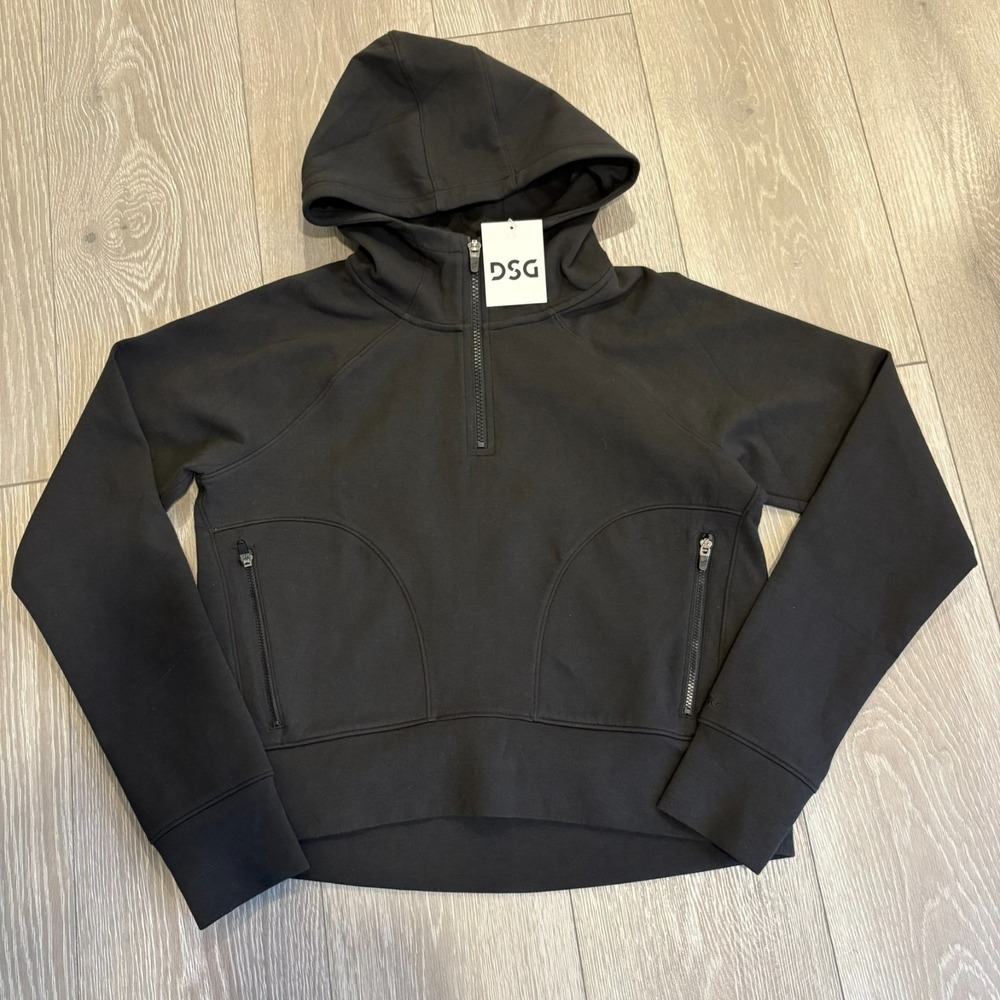 NWT DSG Womens Pure Black Sport Fleece 1/4 Zip Comfort Croppe Hoodie Size XS